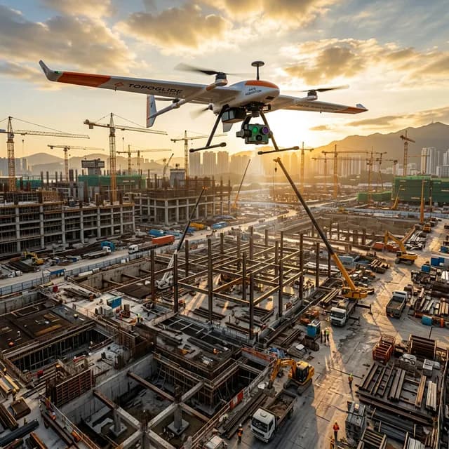 Professional survey drone hovering over a commercial construction site capturing data for a 3D topographic model during golden hour