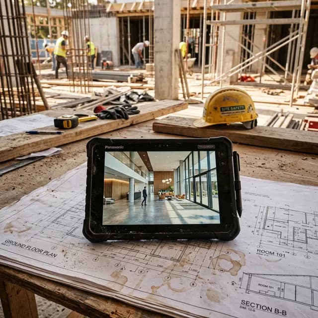 Rugged tablet resting on paper blueprints at a dusty construction site displaying a hyper-realistic 3D walkthrough