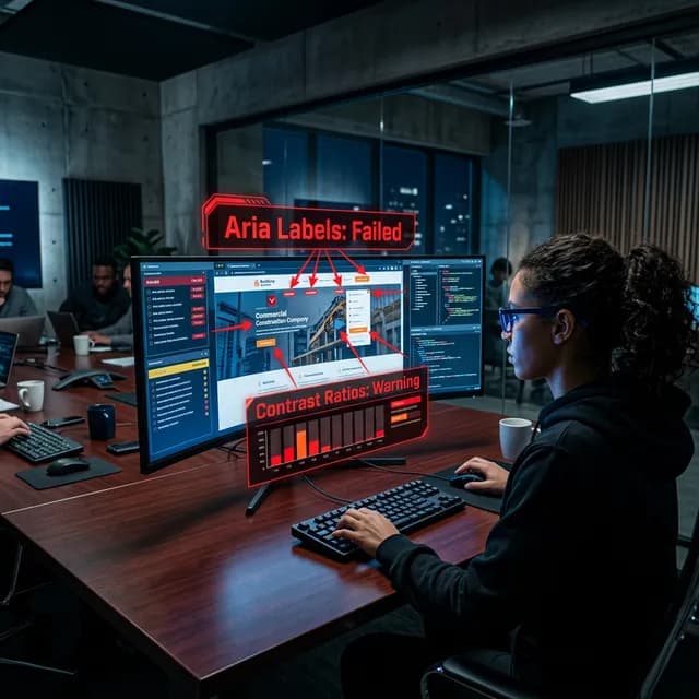 Elite digital accessibility engineer testing a commercial site with red warning metrics layered on screen