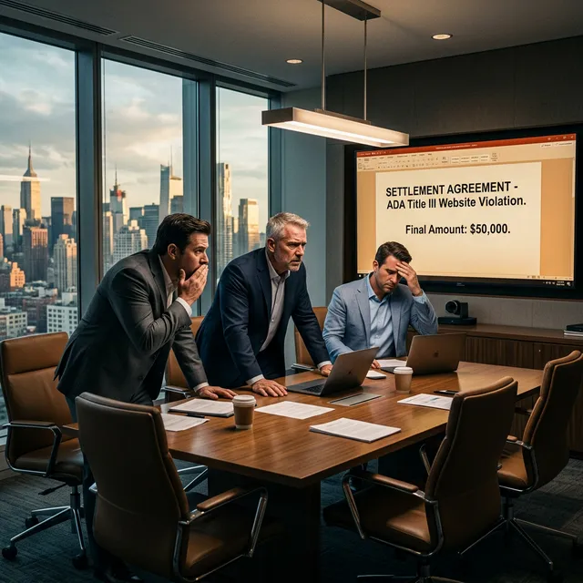 Three terrified construction executives in a luxury glass conference room staring at a $50,000 legal settlement on a monitor