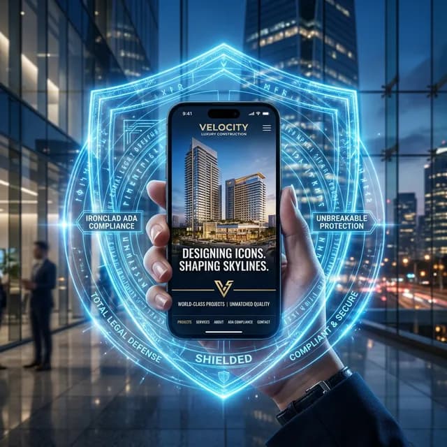 High-end construction website on mobile protected by a futuristic, blue transparent holographic shield symbolizing legal compliance