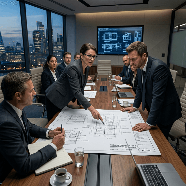 A tense, high-stakes boardroom meeting where a lead architect is sternly presenting blueprints.