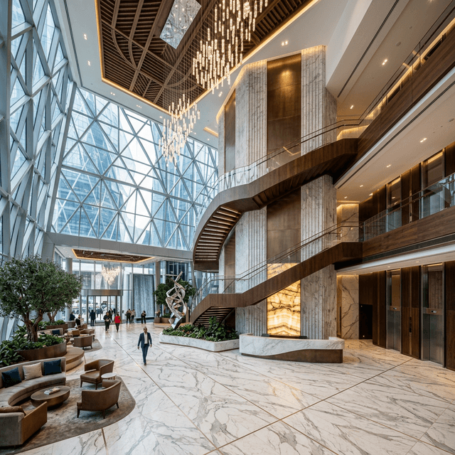 A monumental, beautifully designed ultra-luxury commercial lobby interior.
