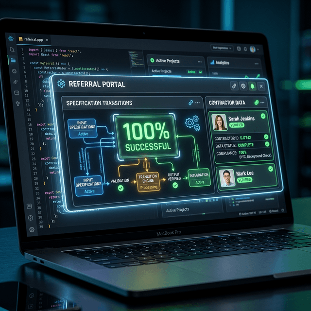 A macro, highly technical shot of a glowing digital referral portal built into a high-end web application.