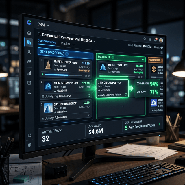 A macro shot of an active CRM pipeline showing deals moving automatically.