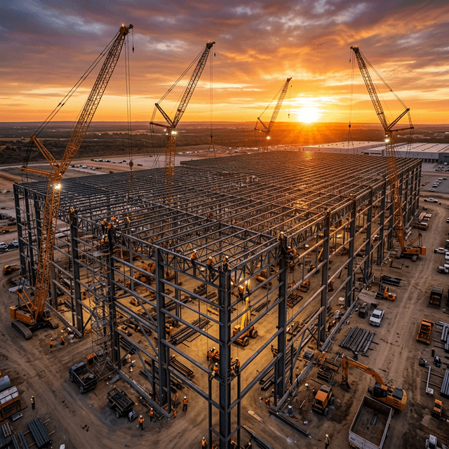 A massive, awe-inspiring commercial warehouse facility in the middle of being framed.