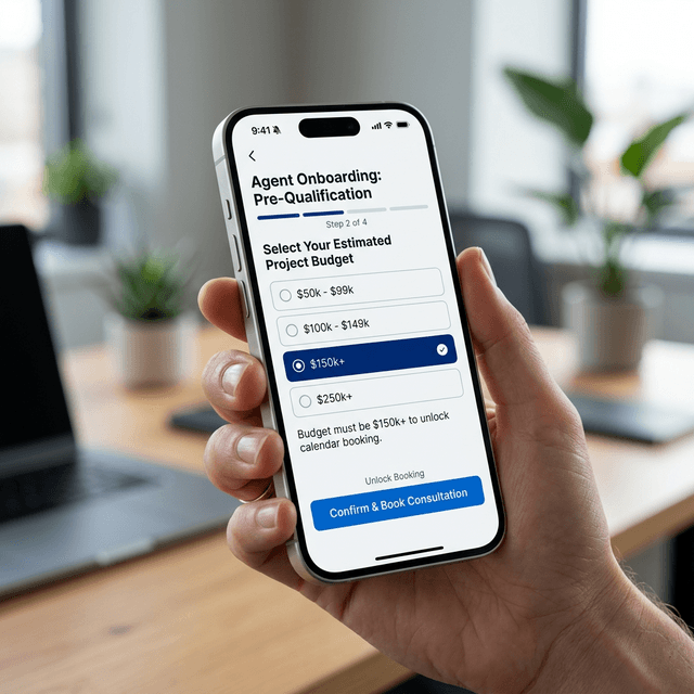 A sleek smartphone displaying an automated pre-qualification form requiring a client to select a budget range of 150k
