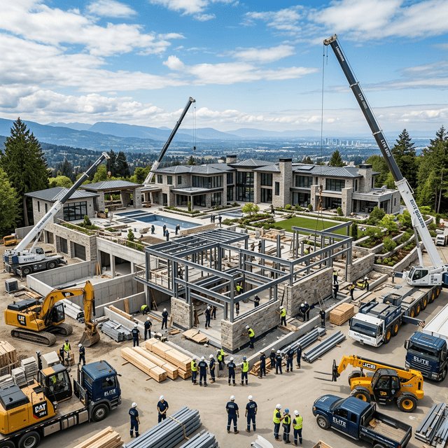 A massive luxury residential estate under construction with perfect workflows.