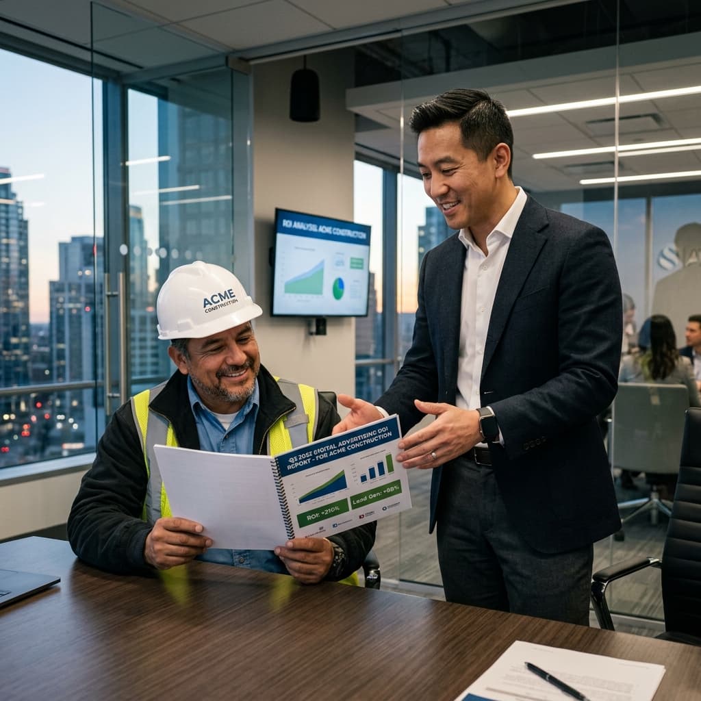 A hyper-professional boardroom meeting between an architect in a hard hat and a high-end corporate executive.