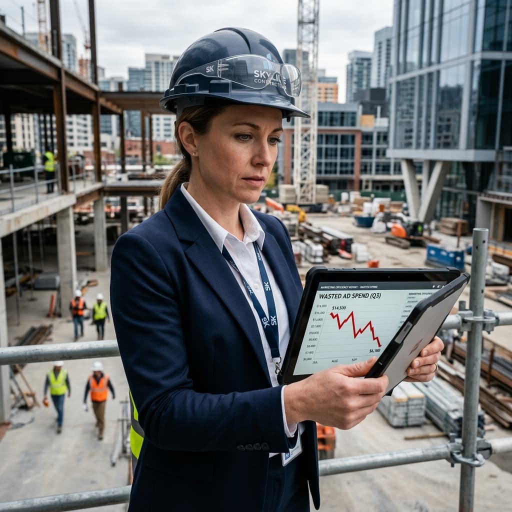 A frustrated accounting executive pointing a luxury pen at a warning indicator on a financial metrics dashboard.