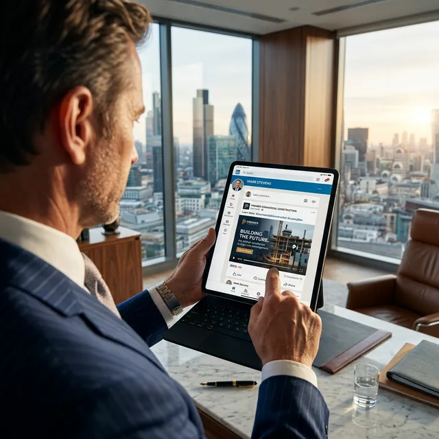 Wealthy real estate developer in a high-rise office holding an iPad Pro scrolling through a professional LinkedIn feed showing a sponsored commercial contractor ad