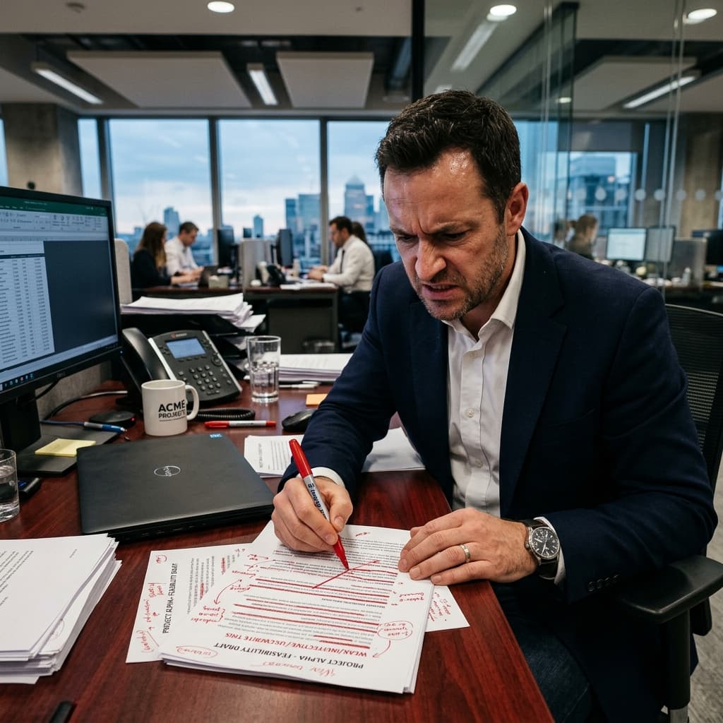 Un ejecuvito rayando un guion malo de copia corporativa.