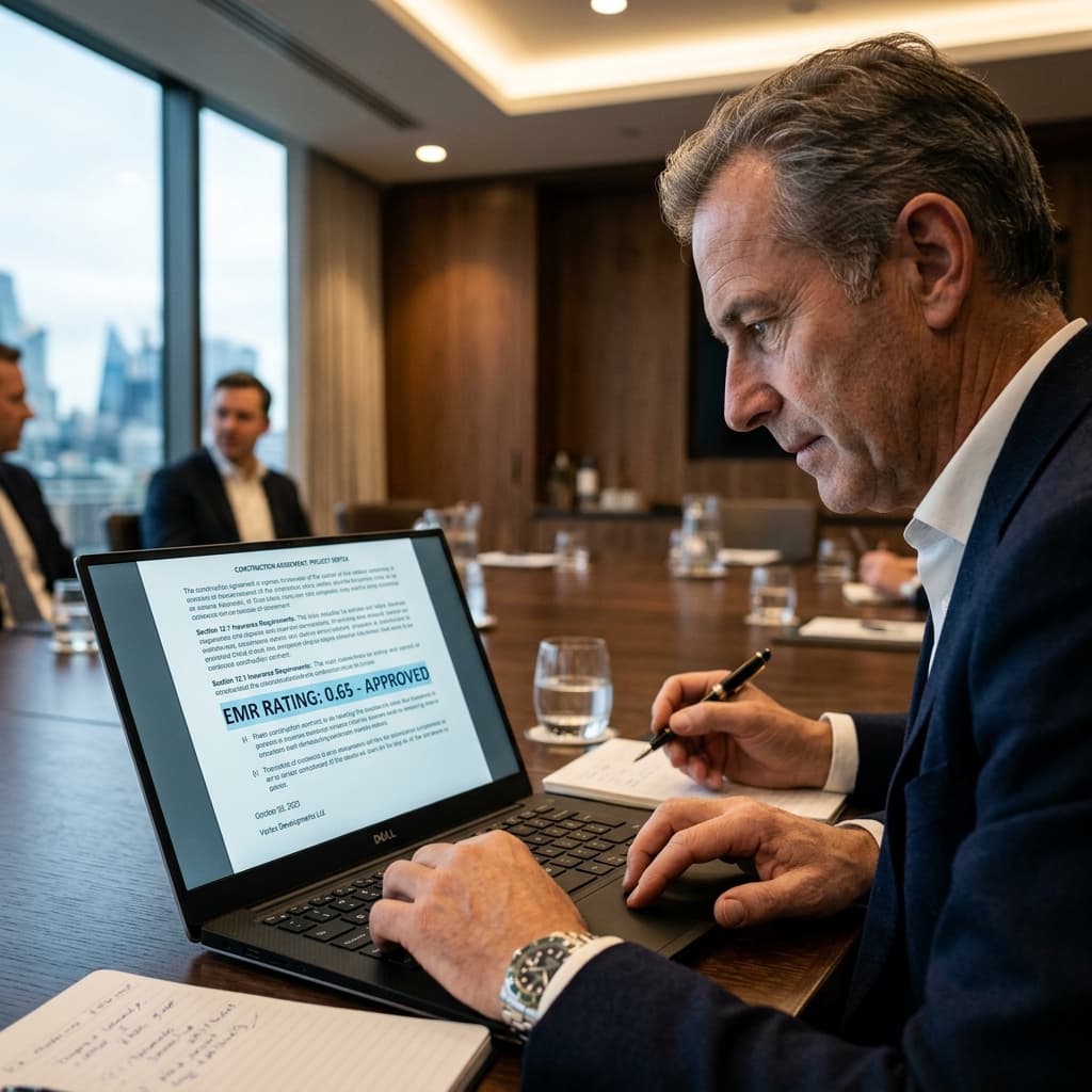 Un alto ejecutivo mirando el estricto EMR test en inglés en su laptop mate.