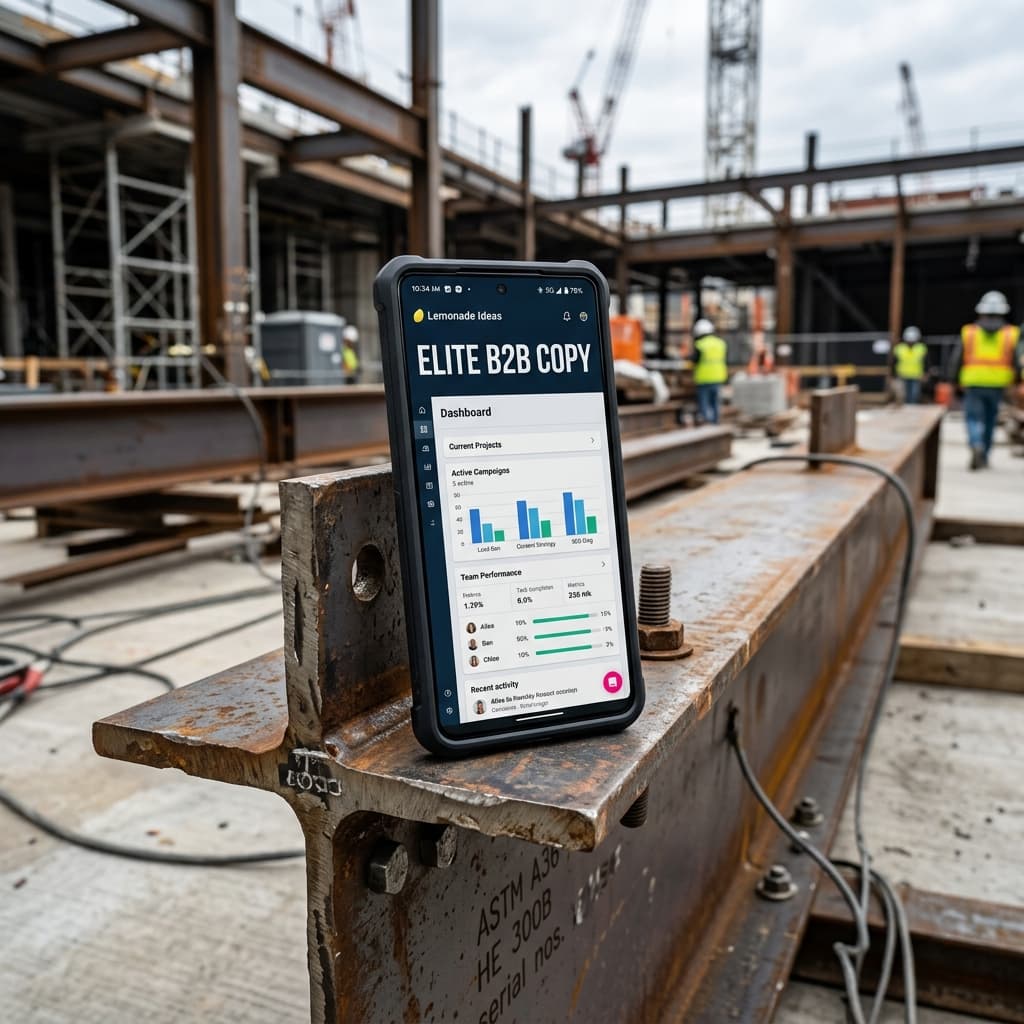 Smartphone sobre vigas de acero mostrando el copiado de élite en inglés.