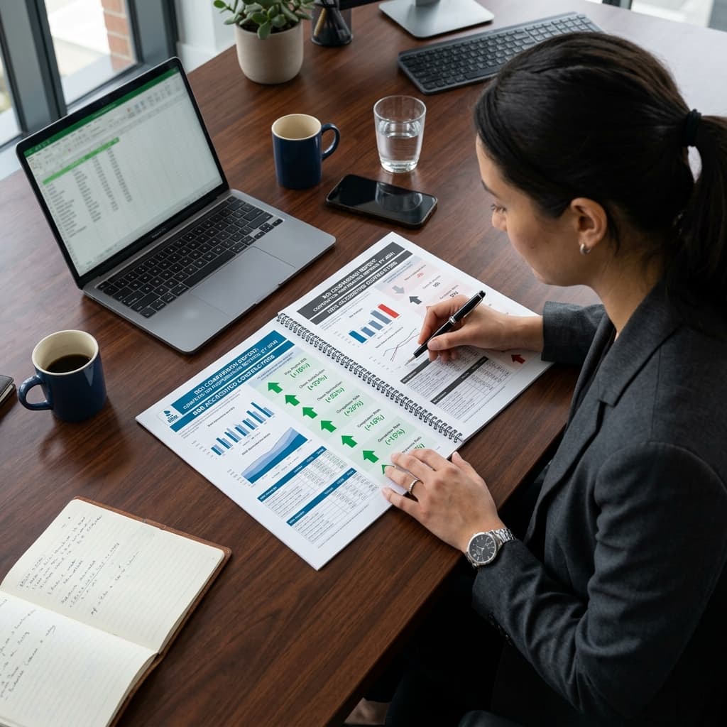 Corporate analyst reviewing a printed ROI comparison report showing BBB accredited vs non-accredited contractor performance metrics