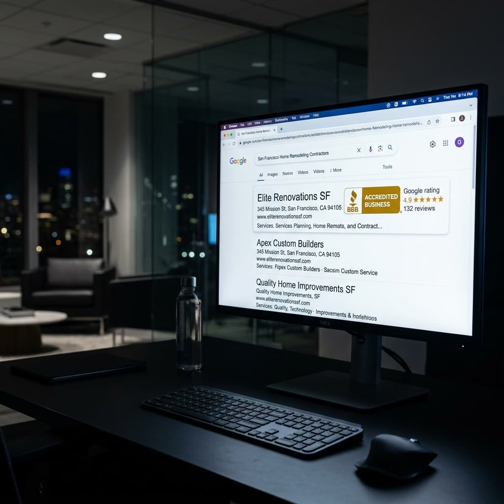 Monitor showing Google search results with a BBB accredited business badge displayed next to a contractor listing