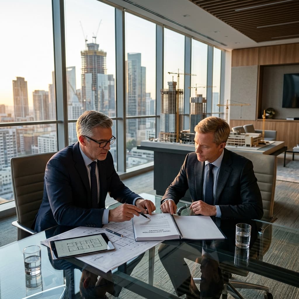 Two executives reviewing a trust certification document at a glass conference table with architectural models in the background