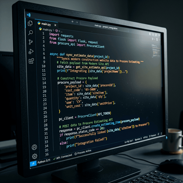 A macro shot of dynamic API code linking a construction website to enterprise software.