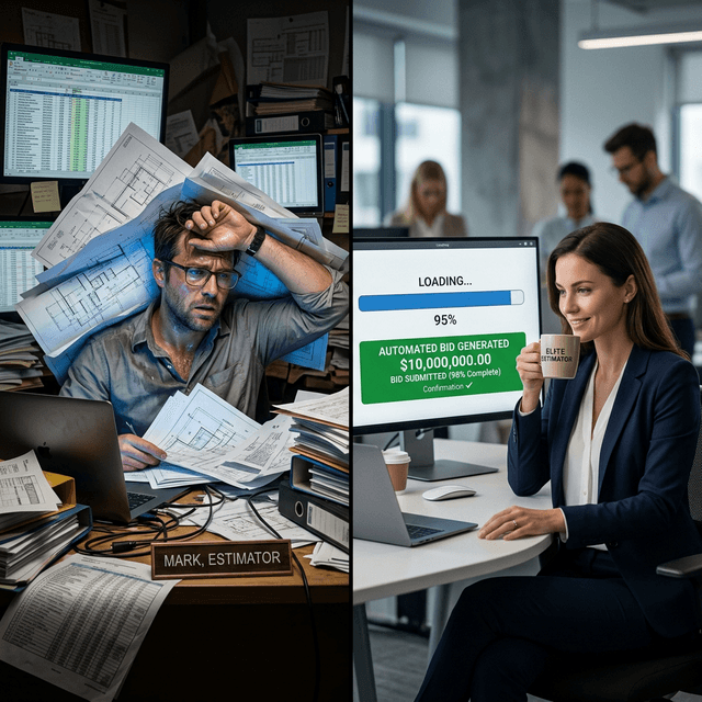Split screen: A sweating, stressed estimator looking at Excel vs a calm, elite estimator sipping coffee as a $10M automated bid loads instantly.