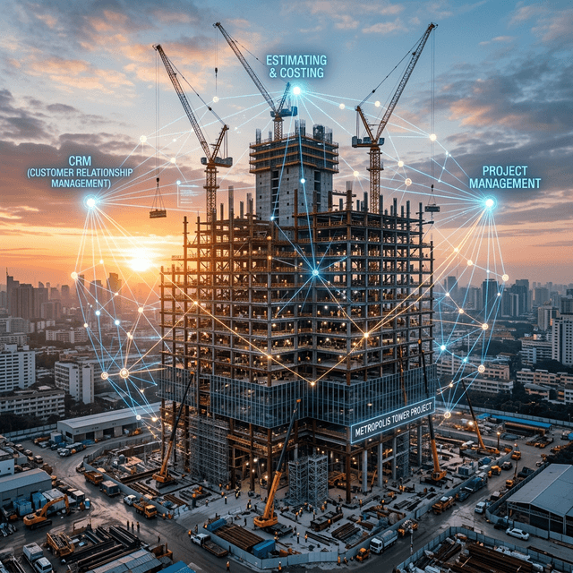 A massive, awe-inspiring commercial skyscraper construction project at dawn surrounded by digital nodes.