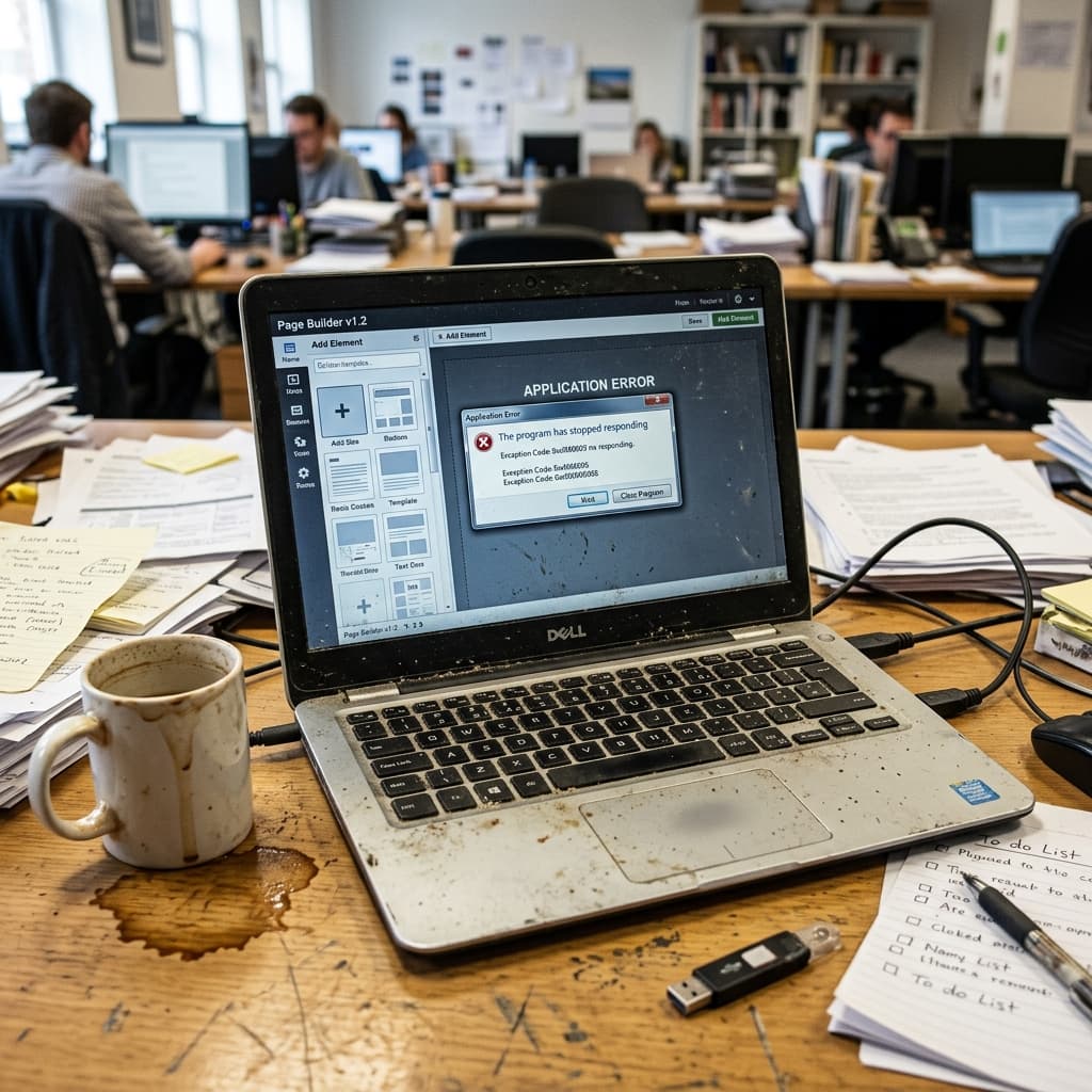 A disorganized cheap drag and drop website builder crashing on a laptop, exposing flawed digital structure.