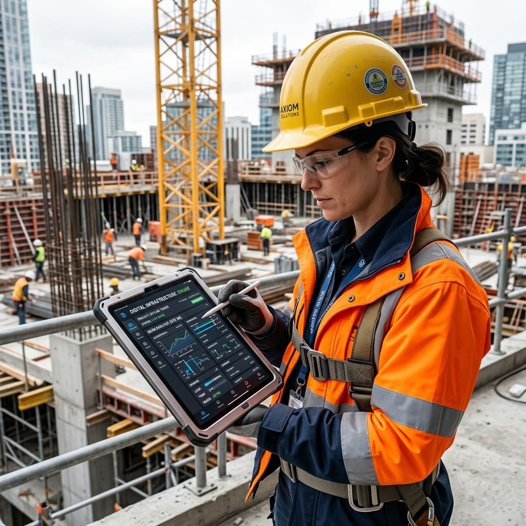 A commercial engineer looking at a flawlessly coded structural mobile UI on a premium tablet at a construction site.