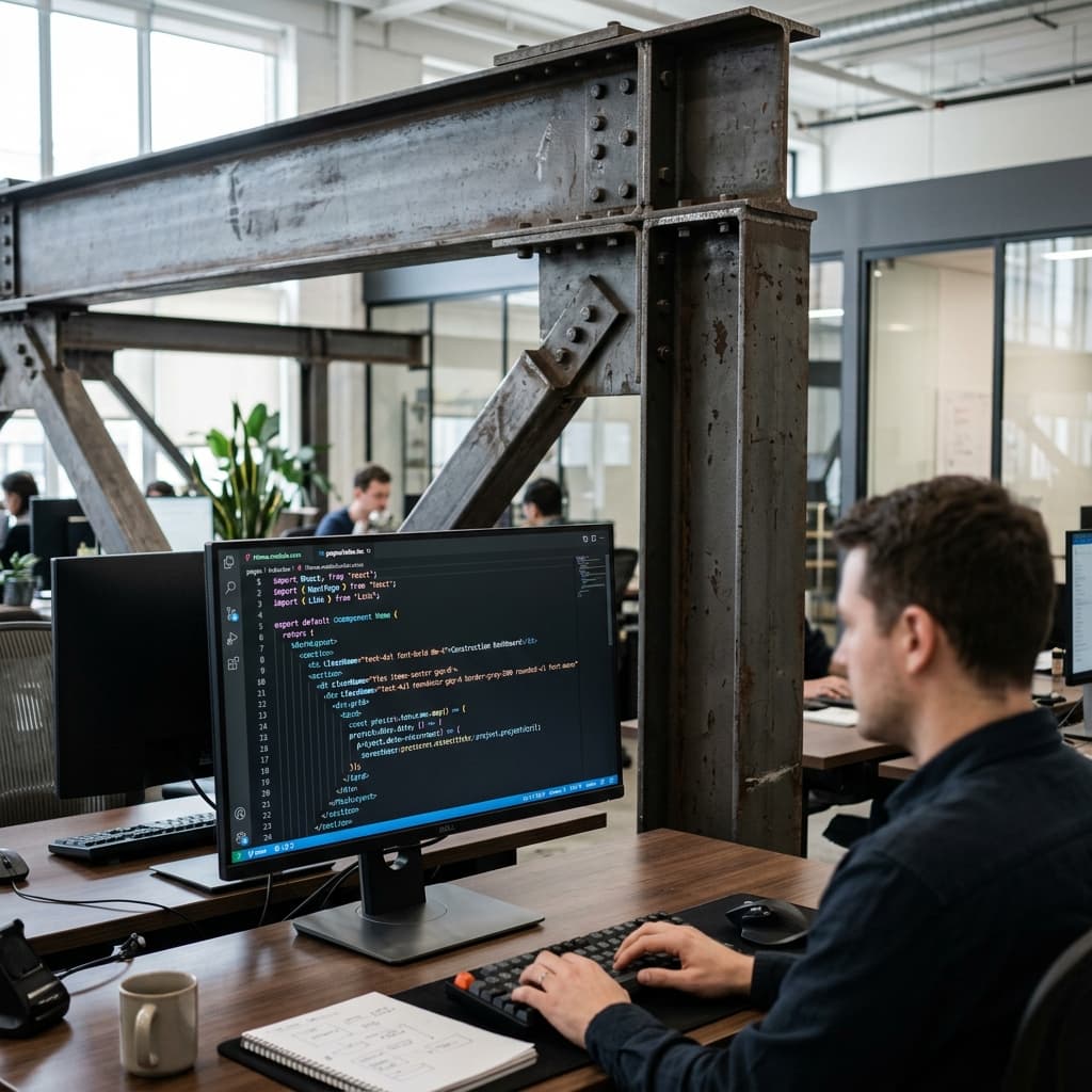 A robust steel I-beam framework behind a monitor displaying perfect React Next.js code.