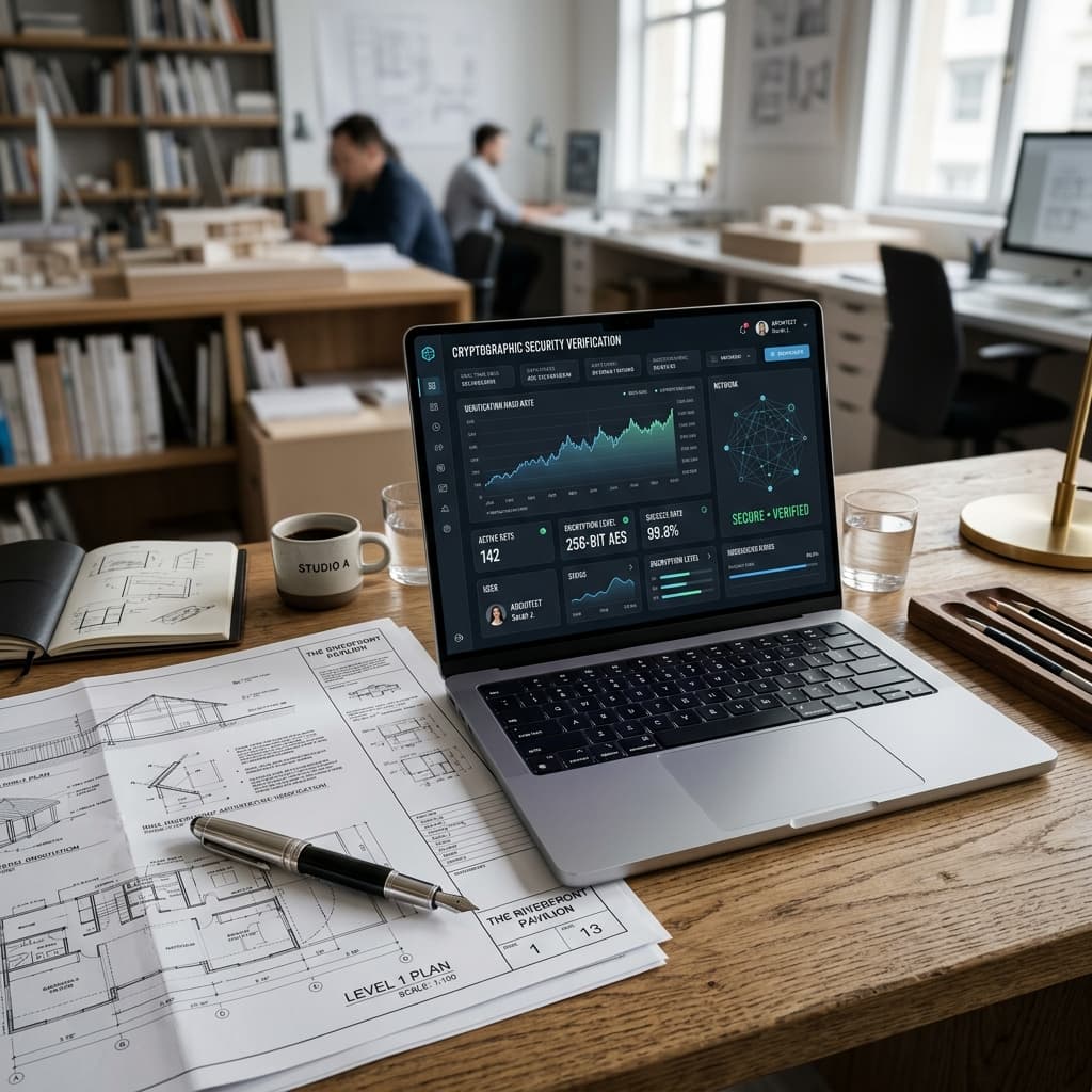 A close-up, photorealistic shot of an architect's desk with a high-end metal laptop displaying a cryptographic security verification dashboard with graphs and data points.
