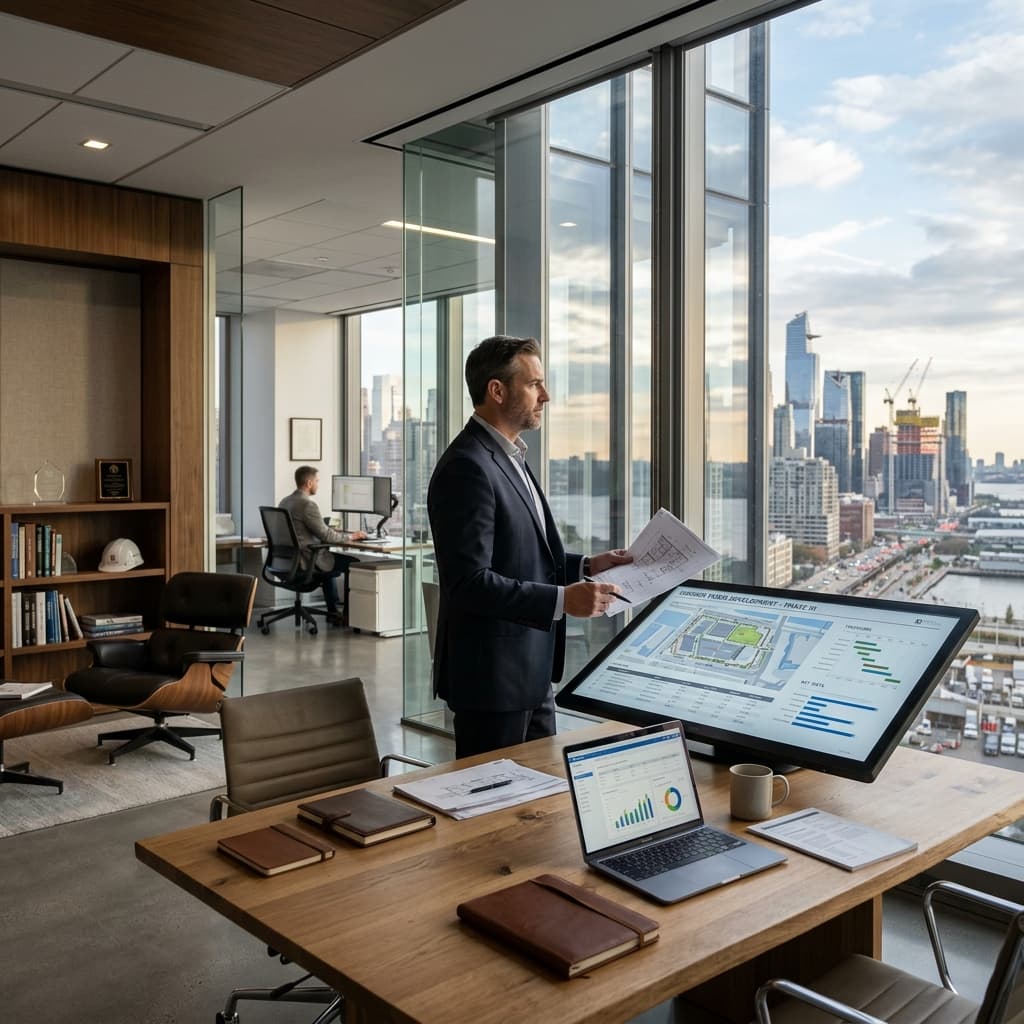 A photorealistic, grounded shot of a modern, clean construction management office with a large window overlooking a city skyline. The interior is minimal and high-end.