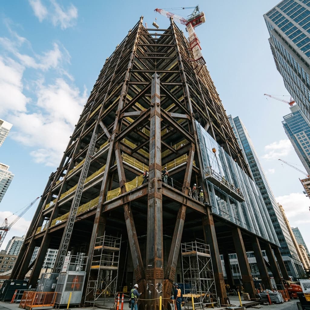 A cinematic, low-angle shot of a massive steel and glass skyscraper under construction, highlighting the immense scale of bonded projects.