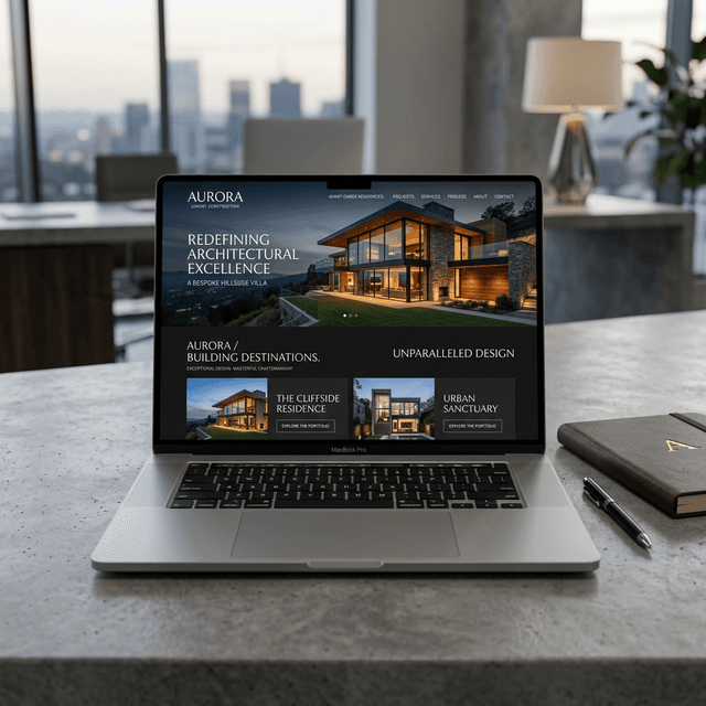 Una MacBook moderna que muestra un impresionante sitio web de construcción de lujo en modo oscuro sobre un escritorio de concreto pulido
