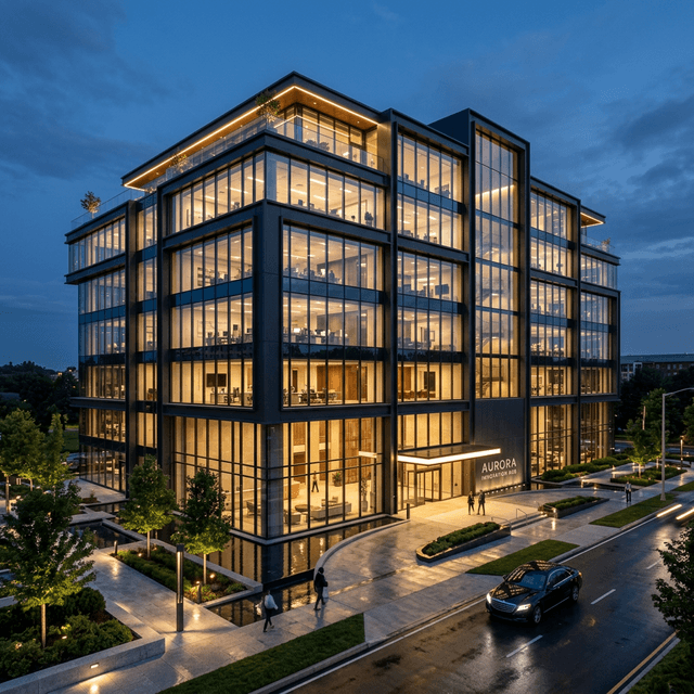 Una impresionante toma arquitectónica de un exterior de edificio comercial moderno de ultra lujo al atardecer, que representa una calidad de construcción de alta gama