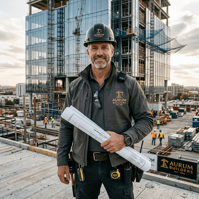 Un superintendente de construcción rudo pero inmaculado que usa ropa de trabajo personalizada de alta gama parado con confianza en el lugar de trabajo