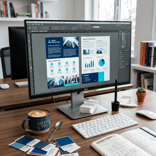 Graphic designer workspace showing a modern capability statement layout on a computer monitor