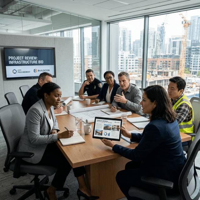 Contractors and government procurement officers reviewing a capability statement on a tablet in a meeting room