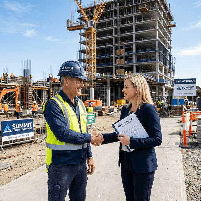 Contractor shaking hands with client on a sunny jobsite indicating successful public works contract