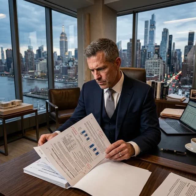 Highly intelligent real estate developer in a high-end corner office aggressively scrutinizing a dense commercial construction capability statement