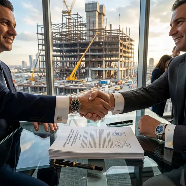 Photorealistic low angle shot of a massive multi-million dollar commercial contract being signed on a glass conference table with two executives shaking hands