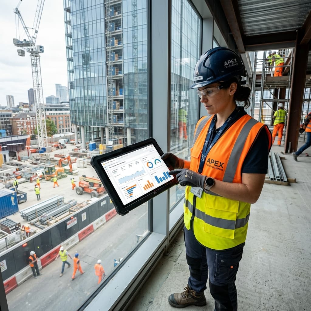 A commercial builder executive reviewing advanced digital marketing analytics on a large monitor in a corporate office.
