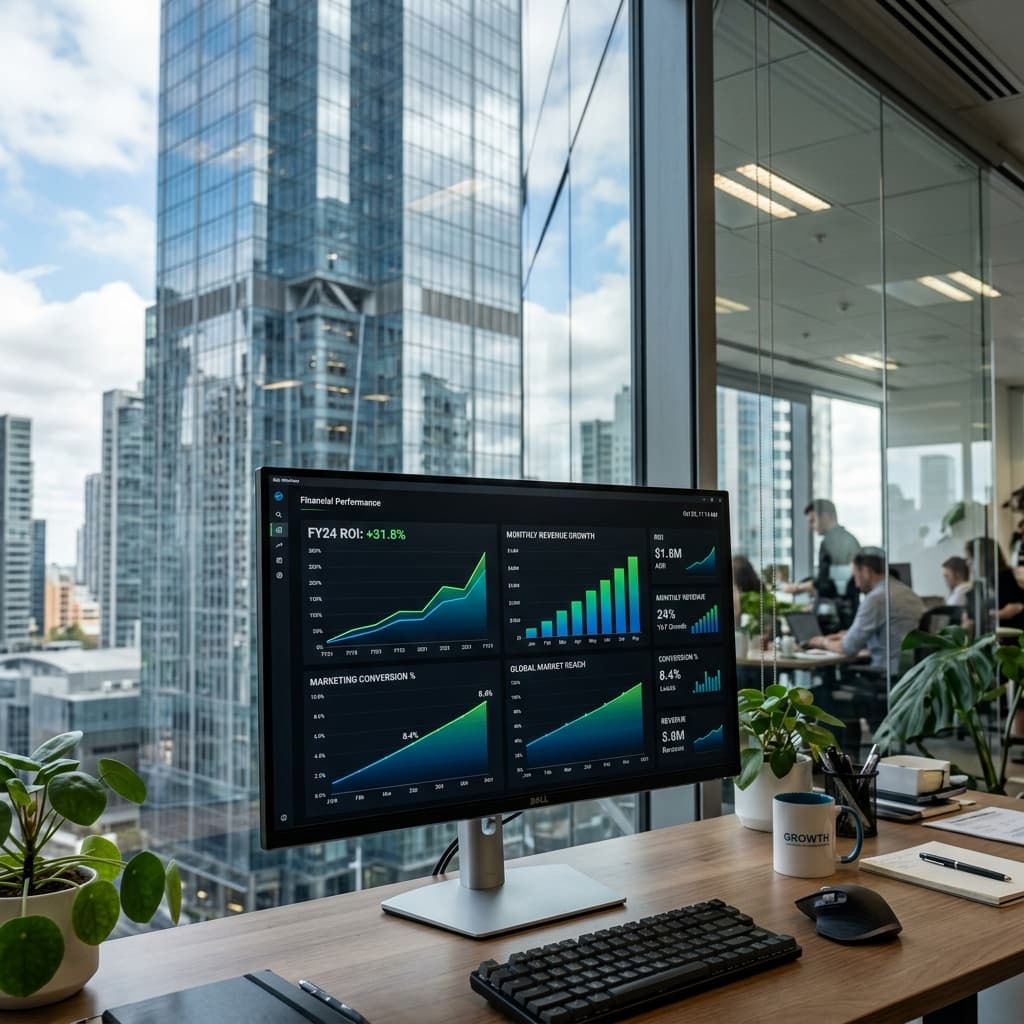 A dramatic upward-trending ROI graph overlaid on a commercial construction skyline at golden hour.