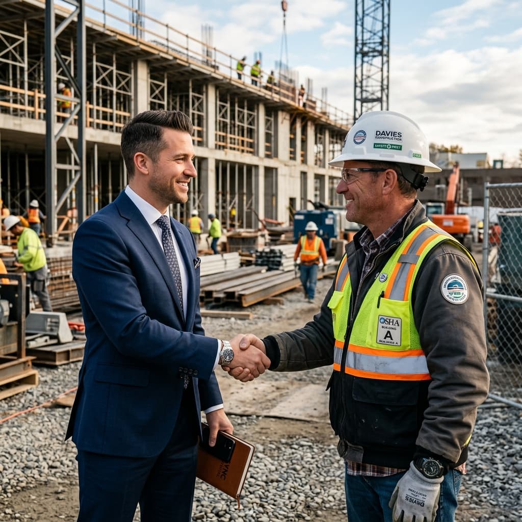 Two senior executives shaking hands over a signed commercial construction contract with blueprints spread across a mahogany conference table.