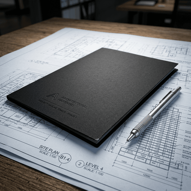 Una carpeta de presentación negra mate de alta gama sentada completamente sobre planos arquitectónicos comerciales