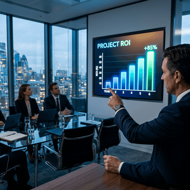 Sala de juntas con paredes de vidrio y pantalla que brilla con un gráfico de barras etiquetado como ROI del Proyecto de marketing