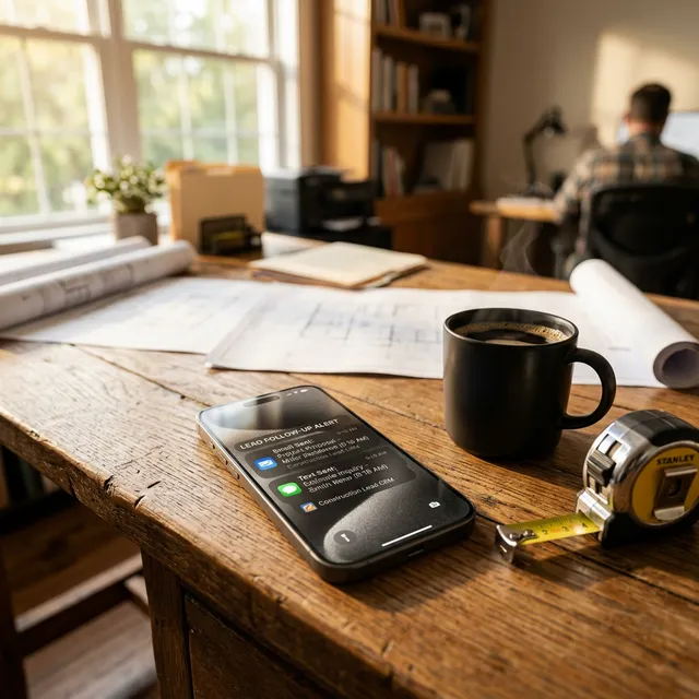 Smartphone moderno sobre un escritorio de madera ejecutando alertas de automatización de textos