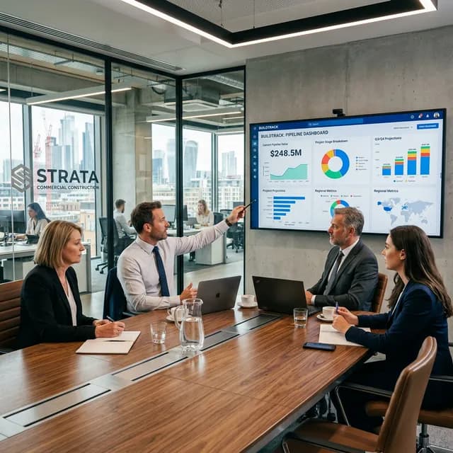 Sala de juntas corporativa en una firma constructora donde ejecutivos debaten los números del embudo en una pantalla grande