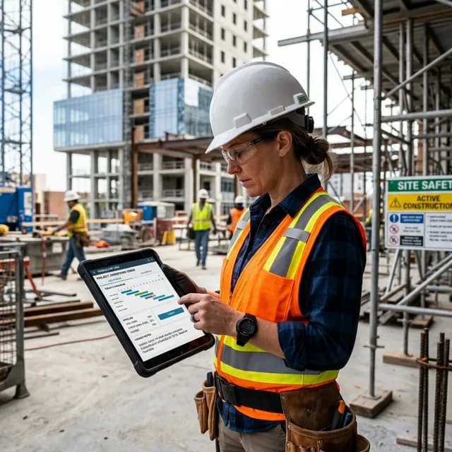 Superintendente de construcción en una obra comercial activa sosteniendo una tableta resistente buscando en la aplicación moderna del CRM