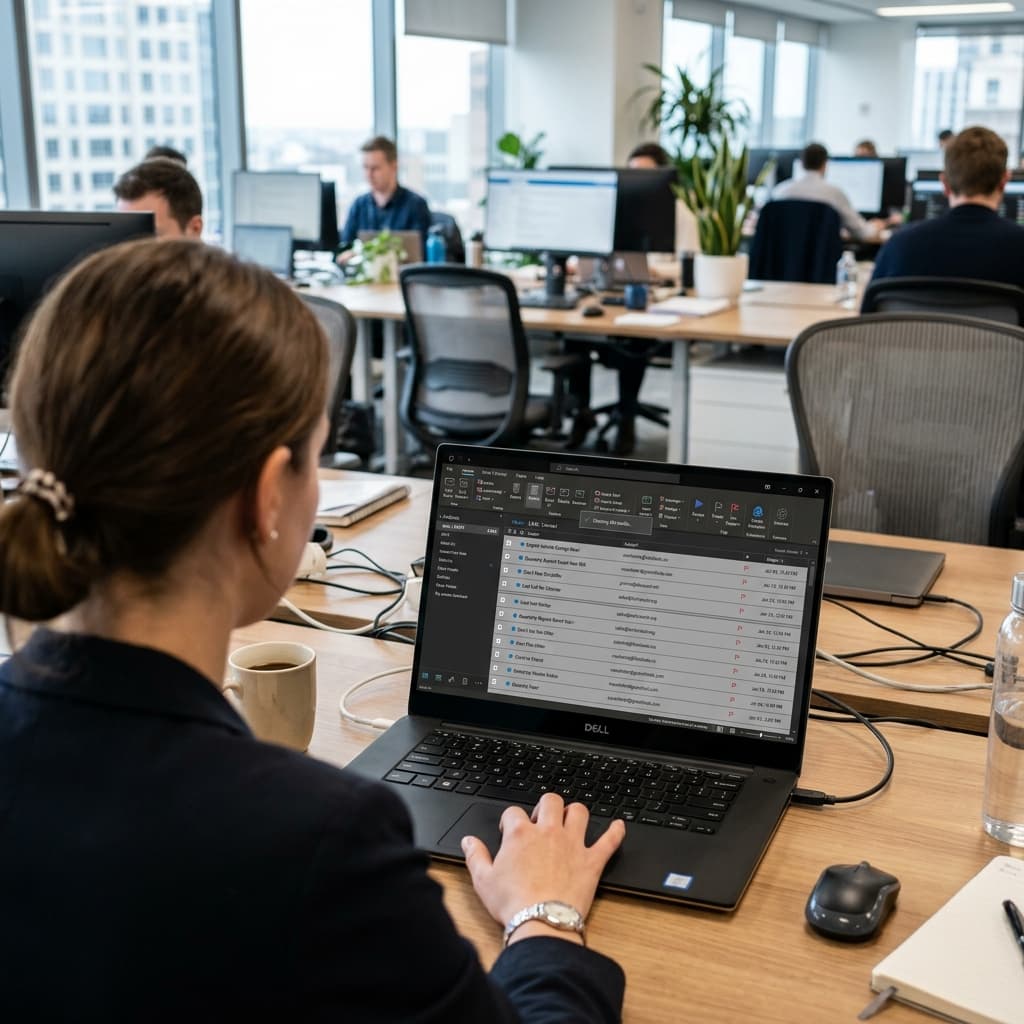 Un buzón comercial abarrotado desde encima del hombro siendo masacrado a correos eliminados masivamente.