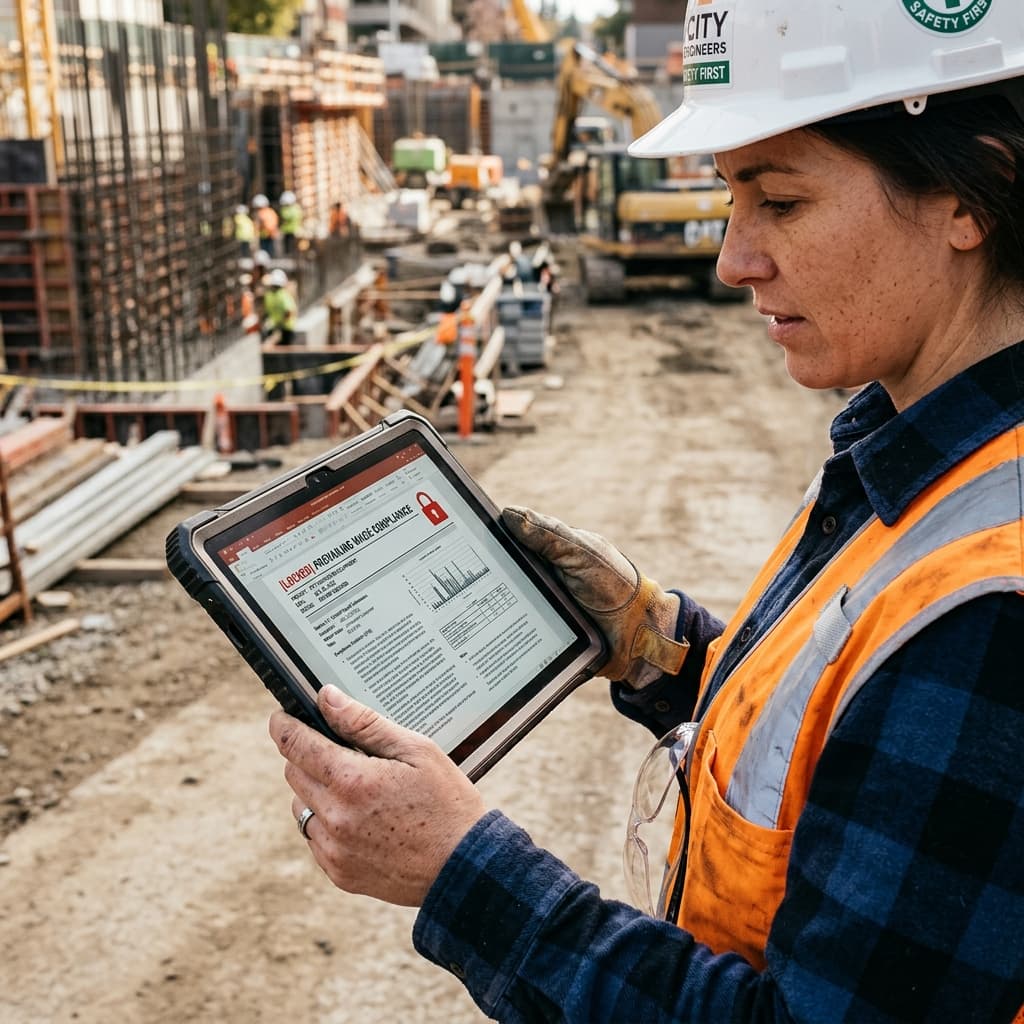 Ingeniero civil portando tableta protegiendo guías locales bloqueadas perimetralmente.