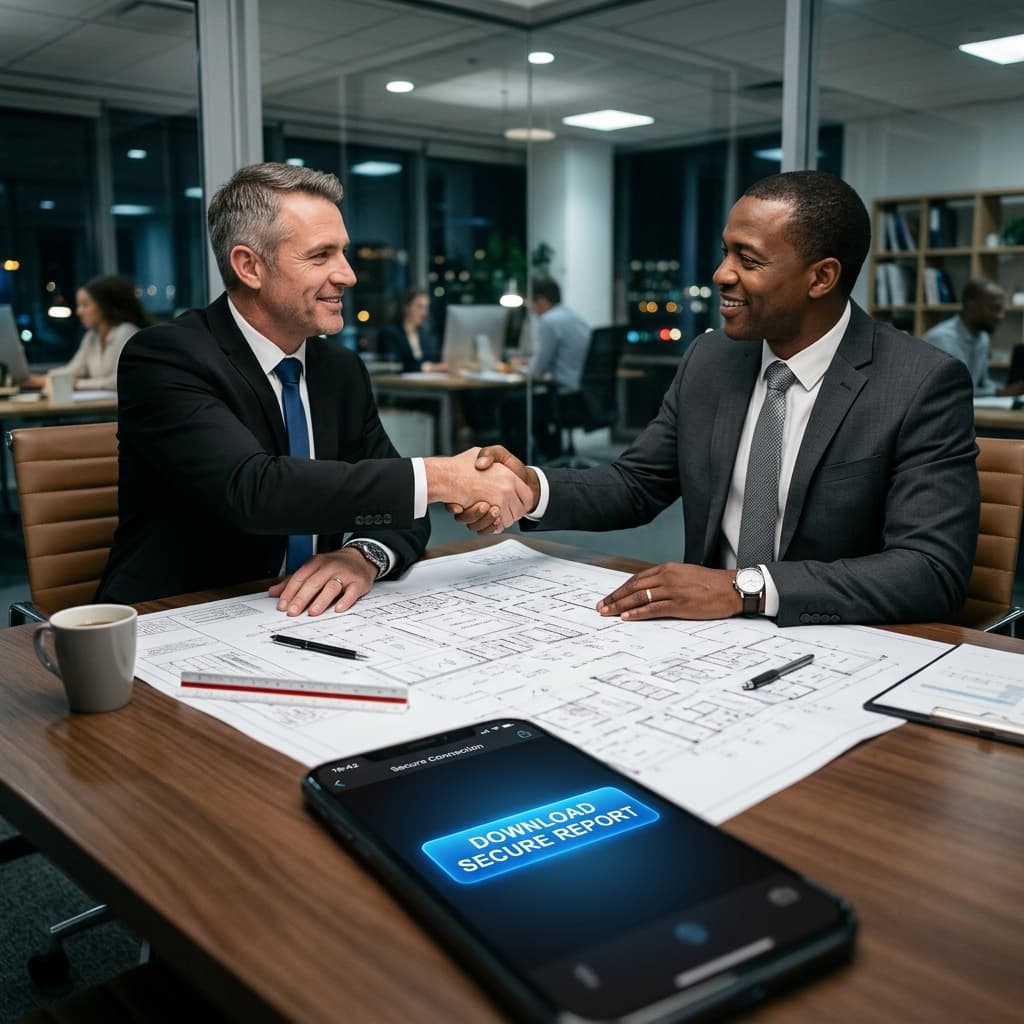 Ejecutivos firmando y la aplicación pidiendo el reporte con botón de descarga firme y bloqueado en inglés.