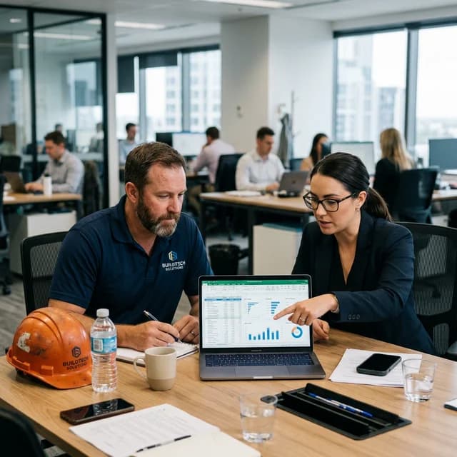 Contractor analyzing B2B marketing spreadsheets